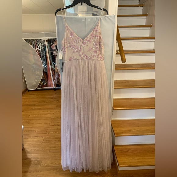 ADRIANNA PAPELL x Anthropologie Sequined Embroidered Tulle Maxi Dress Sz 8 - Picture 5 of 9